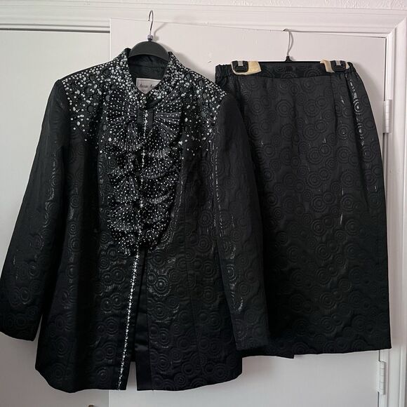 Aussie Austine 2-Piece Suit‎ — black sequin blouse  long skirt 80's Glam Goth - Picture 3 of 10